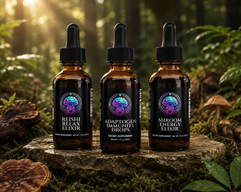 Triple Elixir Bundle – three mushroom tincture dropper bottles together – The Mushroom Market