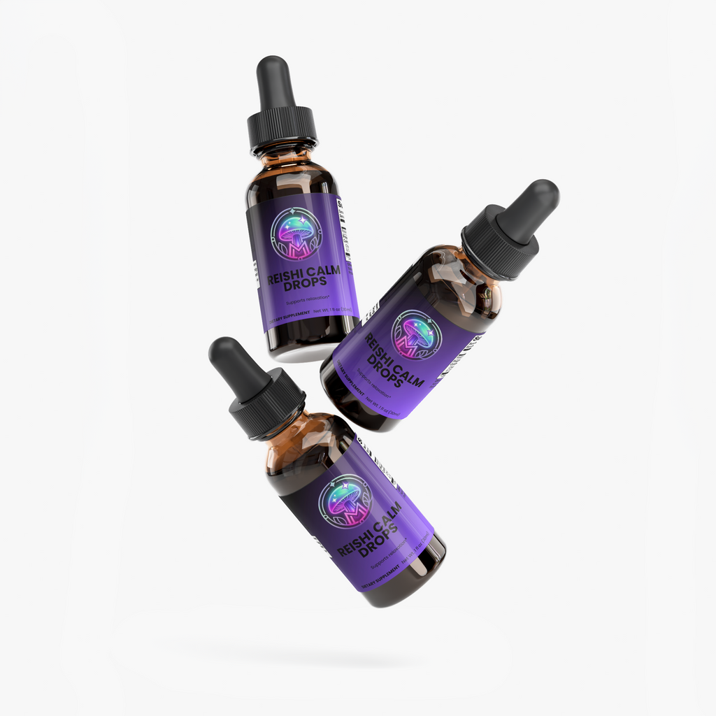 Reishi Relaxing Elixir tincture bottle, alternate view – The Mushroom Market