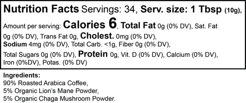 Ground Shroom Brew Coffee nutrition facts panel – The Mushroom Market