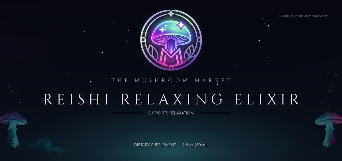 Reishi Relaxing Elixir tincture bottle photographed in use – The Mushroom Market